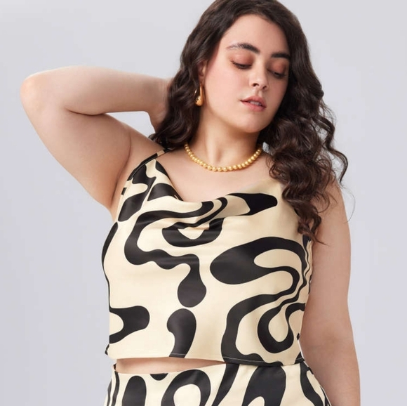 NWT Cider Satin Cowl Neck Abstract Retro‎ Stripe Cropped Cami Top Plus Size 1X - Picture 1 of 11
